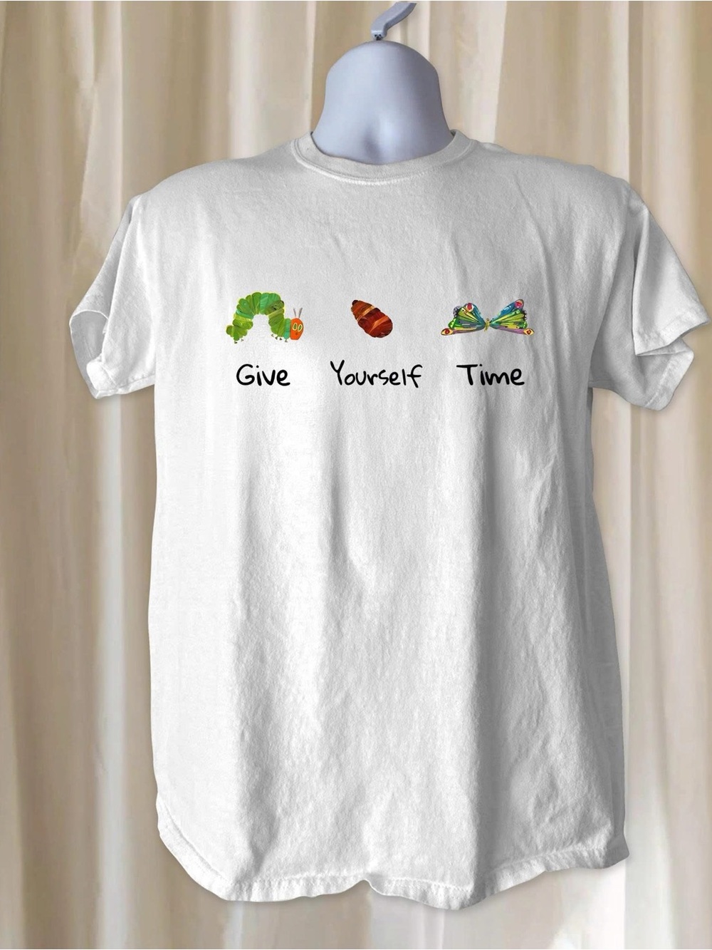 Colorful Caterpillar And Butterfly Design Gildan White Tshirt